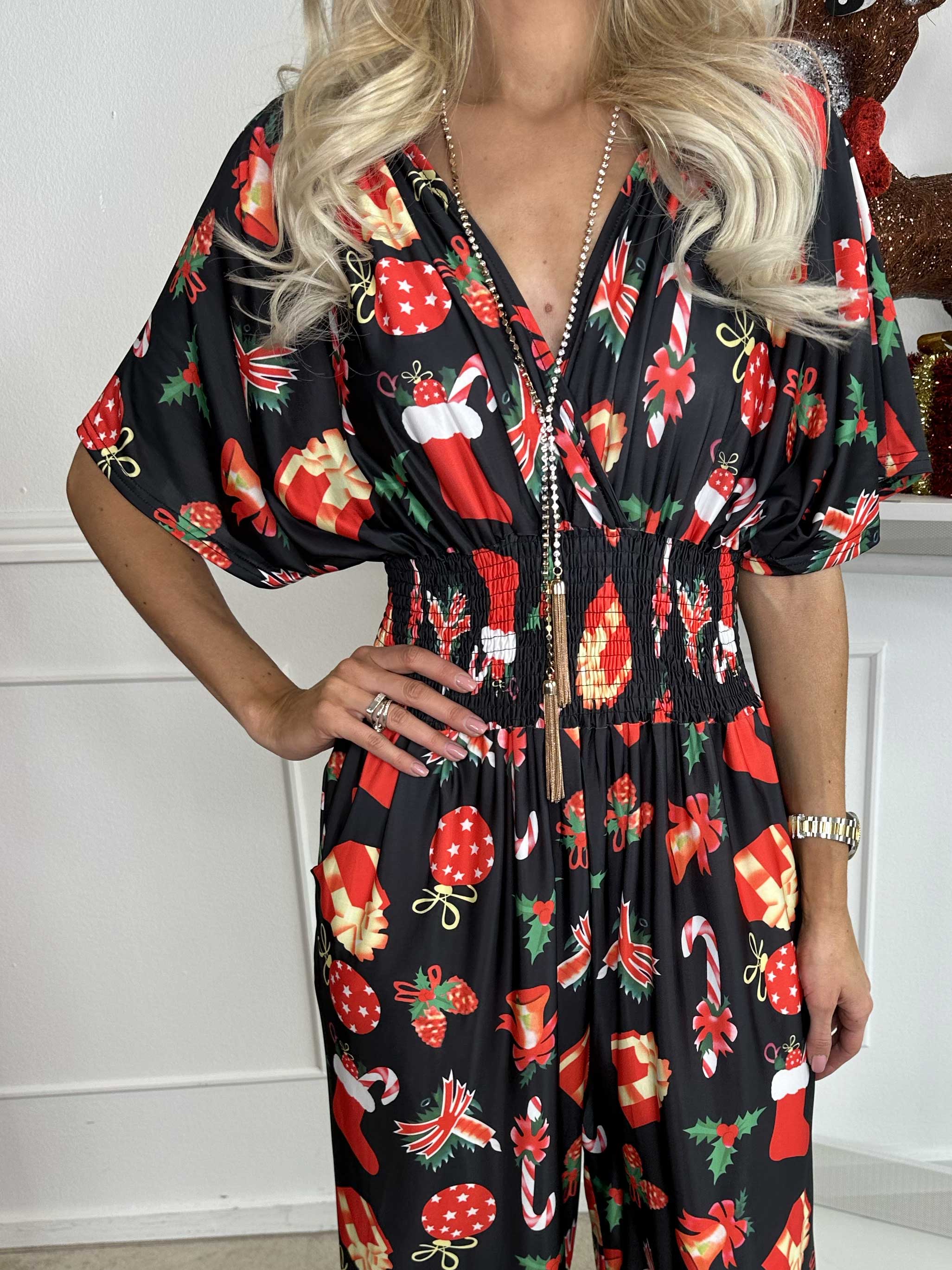 Pams Holiday Jumpsuit - Jumpsuit med resår och julmotiv